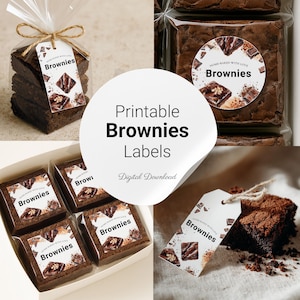 以下が含まれることがあります： 「Brownies」と「Home-Baked with Love」の文字が入った、印刷可能なブラウニーラベルの画像。 ラベルは、包装されたブラウニー、ギフトバッグ、箱に表示されています。 画像には、「Printable Brownies Labels」と「Digital Download」の文字も含まれています。