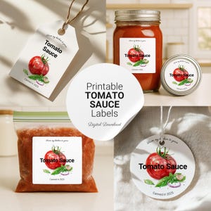 Tomatensauce Etiketten Set zum selbst ausdrucken - Quadratisch, rund & Tag Sticker Set – Aquarell Label - Bonus Rezept Karte - PDF Download