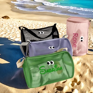 Personalisierte Seashell Reißverschluss Mesh Strandtasche | Summer Pool Accessoires mit Name | Benutzerdefinierte Kinder Sea Shell Taschen | Mesh-Umhängetasche