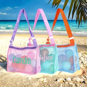 Personalisierte Seashell Reißverschluss Mesh Strandtasche | Summer Pool Accessoires mit Name | Benutzerdefinierte Kinder Sea Shell Taschen | Mesh-Umhängetasche