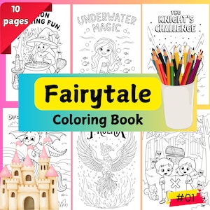 10 Fairytale Coloring Book for Kids, 10 Magical Pages, Princesses, Castles, Dragons, and Unicorns, Digital Download PDF, Fairy Tale Pages