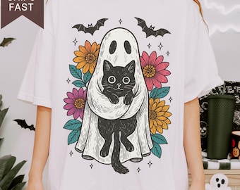 Geist schwarze Katze Komfort Farben Shirt, Halloween-Katzen-Shirt, niedlicher Hippie-Geist mit schwarzer Katze, Vintage Geist lustiges Halloween-Katzenliebhaber T-Shirt