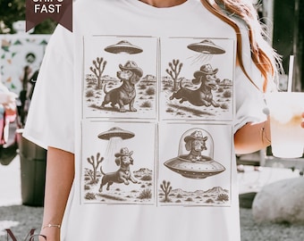 Wiener Hund und UFO Hilarious Comfort Farben T-Shirt, Wursthund Entführung, Vintage Wild West Dackel Tee, lustiges Geschenk für Doxie Mom Wiener Dad