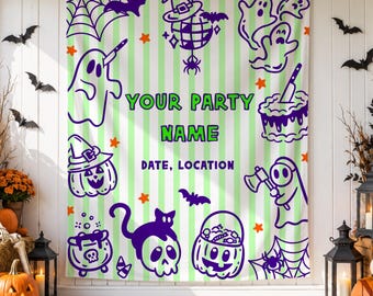 May include: A rectangular Halloween party backdrop featuring a light green and white vertical striped pattern. The design includes purple illustrations of ghosts, a disco ball, a pumpkin, a cat, a skull, and a cake. Text reads YOUR PARTY NAME.