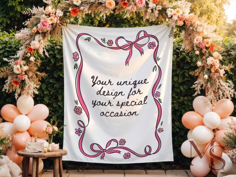 May include: A white banner with a pink ribbon border, bows, and roses. The banner reads "Your unique design for your special occasion" in black script. The banner is part of a party setup with balloons and floral arrangements.