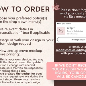 May include: A graphic with instructions on how to order custom designs. The text includes steps to choose options, share details, message the seller, and approve a mockup. Contact information is provided.
