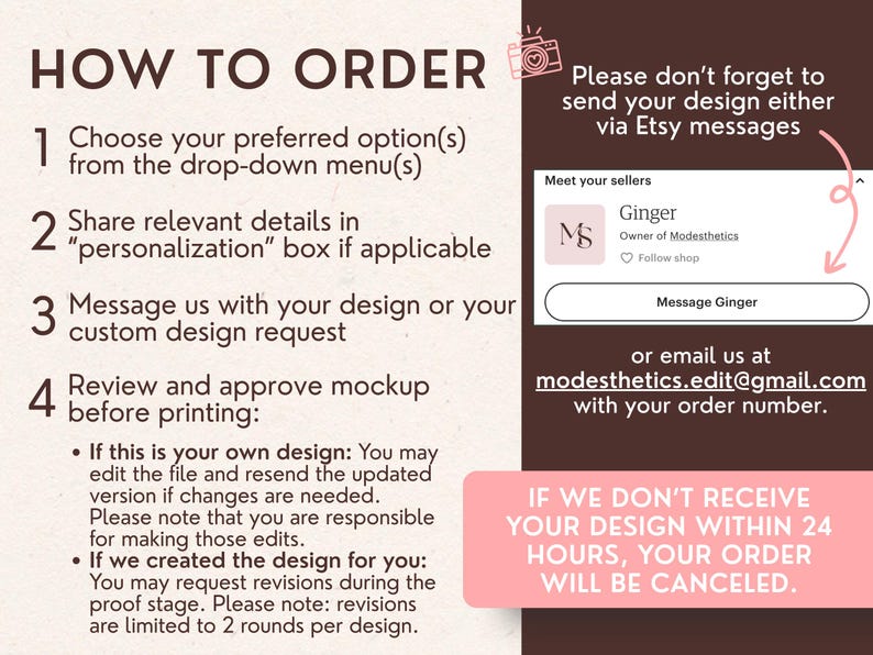May include: A graphic with instructions on how to order custom designs. The text includes steps to choose options, share details, message the seller, and approve a mockup. Contact information is provided.