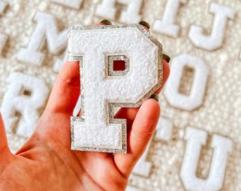 Chenille Silver Glitter Letter Patches, 3.2 Inches Varsity Letter Patch, Iron-On Letter Patch, Fluffy Letter Patch, White Silver Letter