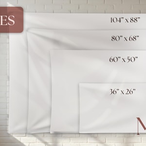 May include: Four white rectangular canvases of varying sizes are displayed against a white brick wall. The sizes are labeled: 104" x 88", 80" x 68", 60" x 50", and 36" x 26". The word "SIZES" is in a brown rectangle in the upper left corner.