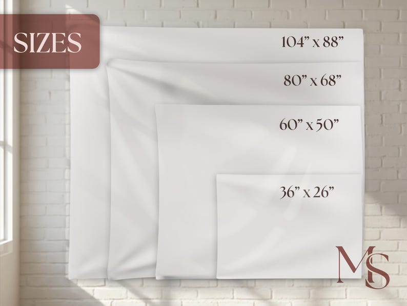May include: Four white rectangular canvases of varying sizes are displayed against a white brick wall. The sizes are labeled: 104" x 88", 80" x 68", 60" x 50", and 36" x 26". The word "SIZES" is in a brown rectangle in the upper left corner.