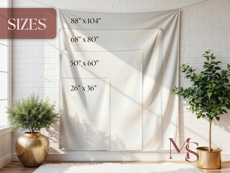 May include: A white wall tapestry with size options displayed: 88" x 104", 68" x 80", 50" x 60", and 26" x 36". The word "SIZES" is in the upper left corner. The tapestry is hanging on a white brick wall, with plants in the foreground.