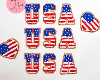 USA Gold Glitter Patches, 3.5 Inches Fuzzy Patriotic Varsity Letter Patch, Chenille Letter Patch, 4th of July Iron-On Letter Patch