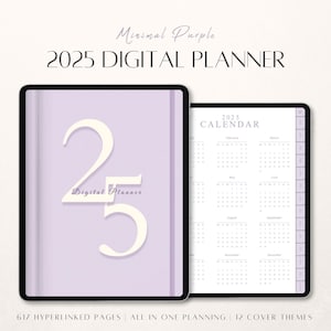 Könnte beinhalten: Ein digitaler Planer für 2025 mit einem lilafarbenen Cover und dem Text "2025 Digital Planner" und "Minimal Purple" auf dem Cover. Der Planer enthält 617 verlinkte Seiten, All-in-One-Planung und 12 Cover-Designs.