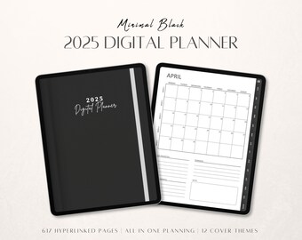 2025 Digital Planner | Minimal Black Dark Theme Planner | Dated Planner for Goodnotes iPad Android | Daily, Weekly, Monthly, and Yearly
