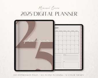 May include: A digital planner for 2025 with a brown and beige color scheme. The cover features the number 25 with the word "planner" written in white script. The planner includes 617 hyperlinked pages, all-in-one planning, and 12 cover themes.
