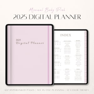 May include: A digital planner for 2025 with a pink and white cover. The cover has the text "2025 Digital Planner" on it. The planner has 617 hyperlinked pages and 12 cover themes.