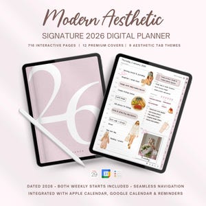 May include: A digital planner with a pink cover and a stylus. The planner displays a daily schedule on a tablet screen. The text on the cover reads "26". The planner includes 716 interactive pages, 12 premium covers, and 9 aesthetic tab themes.