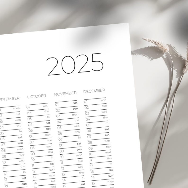 Printable Calendar 2025 Minimalist Yearly Planner Horizontal A4/A3/A1