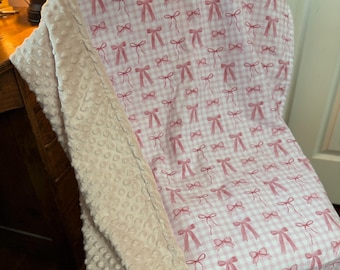 Pink Bow Minky Blanket for Baby Girls | Soft Toddler Snuggle Blanket