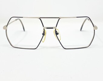 Vintage 1980's Anthony Martin Hexagonal Matte Black/Silver Aviator Eyeglass Frame