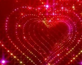 May include: A digital image of a heart-shaped tunnel formed by red and pink lights. The lights are arranged in concentric rows, creating a sense of depth. The background is a dark red, giving a sense of movement.