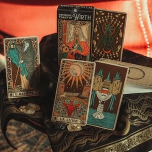 May include: A collection of tarot cards and a box set against a dark background. The cards feature detailed illustrations in shades of brown, blue, and gold. The box reads "Symbolic Tarot of Wirth".