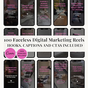 Puede incluir: Un gráfico de marketing digital con el texto "100 Faceless Digital Marketing Reels" y varios ganchos, leyendas y CTA. La imagen incluye maquetas de teléfonos con texto como "From 0 to Sold Out" y "Afraid No One Will Buy Your Product?"