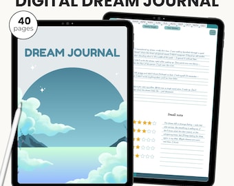 May include: A digital dream journal with a blue and white illustration of a seascape with clouds and mountains. The journal has 40 pages and is fully hyperlinked. The text "DIGITAL DREAM JOURNAL" is at the top of the image. The text "DREAM JOURNAL" is in a larger font size and is centered on the page. The text "40 pages" is in a smaller font size and is located in the upper left corner of the image. The text "INSTANT DOWNLOAD | FULLY HYPERLINKED PLANNER | UNDATED" is at the bottom of the image.