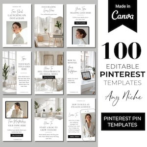 May include: A set of 100 editable Pinterest templates for any niche. The templates feature a minimalist design with black and white text on a white background. The text includes phrases like "Free Ebook", "How to Sell Your Products on Social Media", and "How to Build an Engaged Audience".