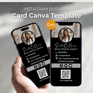 May include: Two smartphones displaying a black and white business card template. The card features a headshot, contact information, and social media icons. Text on the card reads "Sarah Collins, Real Estate Agent."