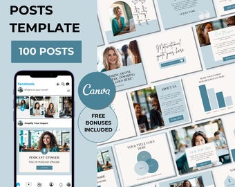 May include: A collage of images showcasing Facebook post templates for businesses. The templates feature a variety of designs, including quotes, photos, and graphics. The text "100 Posts" is displayed in the top left corner of the image. The text "Boost Engagement & Grow Your Business Online" is displayed at the bottom of the image.