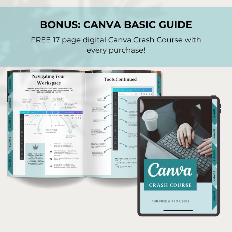 May include: A digital guide to Canva, a graphic design platform. The guide is titled "Canva Crash Course" and is for free and pro users. The guide is 17 pages long and includes information on navigating the workspace and using the tools. The guide is available as a free bonus with every purchase.