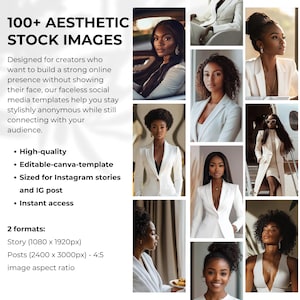Pode incluir: Uma colagem de imagens com mulheres negras em v&aacute;rias poses e cen&aacute;rios. As imagens t&ecirc;m uma est&eacute;tica branca e s&atilde;o projetadas para uso em m&iacute;dias sociais. O texto na imagem diz "100+ IMAGENS EST&Eacute;TICAS" e "Projetado para criadores que desejam construir uma forte presen&ccedil;a online sem mostrar seu rosto, nossos modelos de m&iacute;dia social sem rosto ajudam voc&ecirc; a manter-se elegantemente an&ocirc;nimo enquanto se conecta com seu p&uacute;blico."