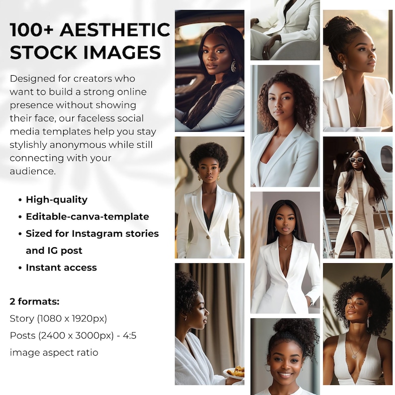 Pode incluir: Uma colagem de imagens com mulheres negras em v&aacute;rias poses e cen&aacute;rios. As imagens t&ecirc;m uma est&eacute;tica branca e s&atilde;o projetadas para uso em m&iacute;dias sociais. O texto na imagem diz "100+ IMAGENS EST&Eacute;TICAS" e "Projetado para criadores que desejam construir uma forte presen&ccedil;a online sem mostrar seu rosto, nossos modelos de m&iacute;dia social sem rosto ajudam voc&ecirc; a manter-se elegantemente an&ocirc;nimo enquanto se conecta com seu p&uacute;blico."