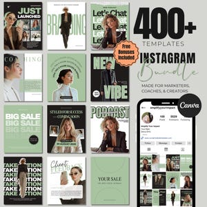May include: A collection of Instagram templates in various designs, including "Just Launched," "Branding," and "Podcast." The templates feature images of people and text overlays, with a color palette of green, black, and white. The bundle includes over 400 templates.
