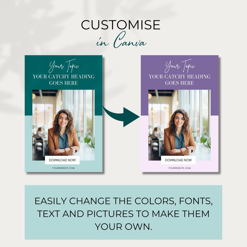 May include: Two customizable social media post templates with a teal and purple color scheme. The templates feature a photo of a woman in a cafe, the text "Your Topic", and the text "Your Catchy Heading Goes Here". The text "Download Now" and a website address are also included.