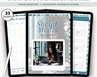 May include: Digital Social Media Planner on three tablets. The planner includes sections for content, weekly planning, and social media platforms. The text on the tablets reads "Social Media Planner" and "Instant Download | Undated."