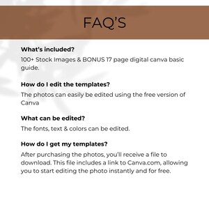 Pode incluir: Texto FAQ'S em um fundo branco com uma sombra marrom. O texto faz perguntas sobre o que est&aacute; inclu&iacute;do, como editar os modelos, o que pode ser editado e como obter os modelos. O texto responde &agrave;s perguntas com detalhes sobre o produto.