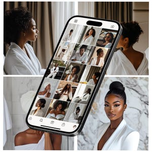 Pode incluir: Uma colagem de imagens na tela de um smartphone mostrando v&aacute;rias mulheres vestindo roupas brancas. As imagens est&atilde;o dispostas em uma grade e apresentam diferentes poses e cen&aacute;rios. O smartphone est&aacute; posicionado em uma superf&iacute;cie de m&aacute;rmore branco.