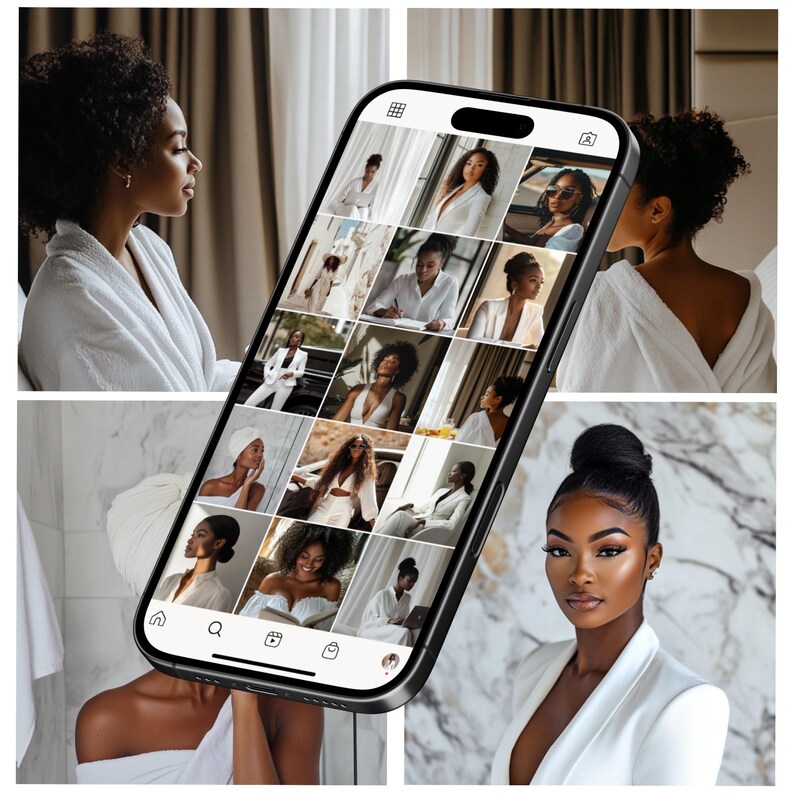 Pode incluir: Uma colagem de imagens na tela de um smartphone mostrando v&aacute;rias mulheres vestindo roupas brancas. As imagens est&atilde;o dispostas em uma grade e apresentam diferentes poses e cen&aacute;rios. O smartphone est&aacute; posicionado em uma superf&iacute;cie de m&aacute;rmore branco.