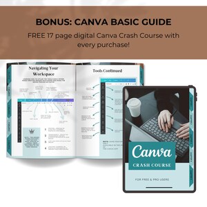 Pode incluir: Um guia digital azul e branco intitulado "Canva Crash Course" para usu&aacute;rios gratuitos e profissionais. O guia est&aacute; aberto em uma p&aacute;gina intitulada "Navigating Your Workspace" com um diagrama do espa&ccedil;o de trabalho do Canva e uma p&aacute;gina intitulada "Tools Continued" com um diagrama das ferramentas do Canva. O guia est&aacute; sobre uma mesa com um laptop e uma x&iacute;cara de caf&eacute;.