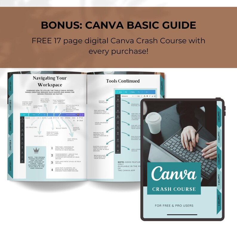 Pode incluir: Um guia digital azul e branco intitulado "Canva Crash Course" para usu&aacute;rios gratuitos e profissionais. O guia est&aacute; aberto em uma p&aacute;gina intitulada "Navigating Your Workspace" com um diagrama do espa&ccedil;o de trabalho do Canva e uma p&aacute;gina intitulada "Tools Continued" com um diagrama das ferramentas do Canva. O guia est&aacute; sobre uma mesa com um laptop e uma x&iacute;cara de caf&eacute;.