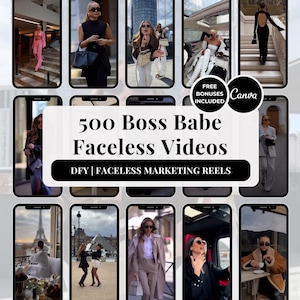 Könnte beinhalten: Werbung für ein digitales Produkt mit einer Sammlung von gesichtslosen Videos. Der zentrale Text lautet "500 Boss Babe Faceless Videos" mit "DFY | FACELESS MARKETING REELS" darunter. Das Bild enthält auch ein "Free Bonuses Included"-Abzeichen und ein Canva-Logo.