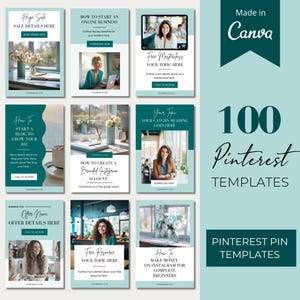 Può includere: Una collezione di 100 modelli Pinterest verde acqua e bianchi per il marketing sui social media. I modelli presentano sovrapposizioni di testo con titoli come "Come avviare un'attività online", "Masterclass gratuita", "Come creare un account Instagram di marca", "Il tuo tipo", "Nome dell'offerta", "Risorsa gratuita" e "Come guadagnare denaro su Instagram per principianti completi".