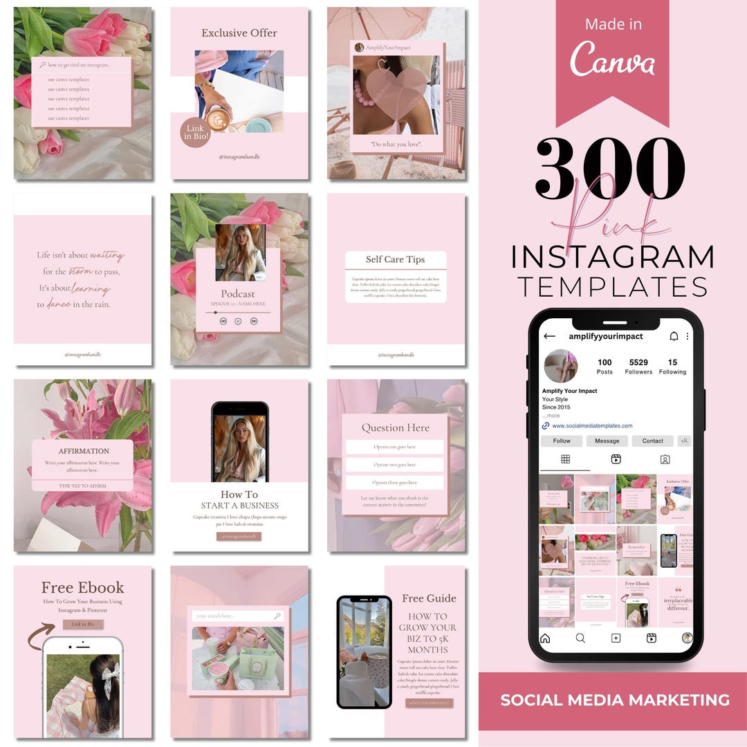 Instagram Template Canva for Coach, Pink Social Media Bundle, 300 Canva ...