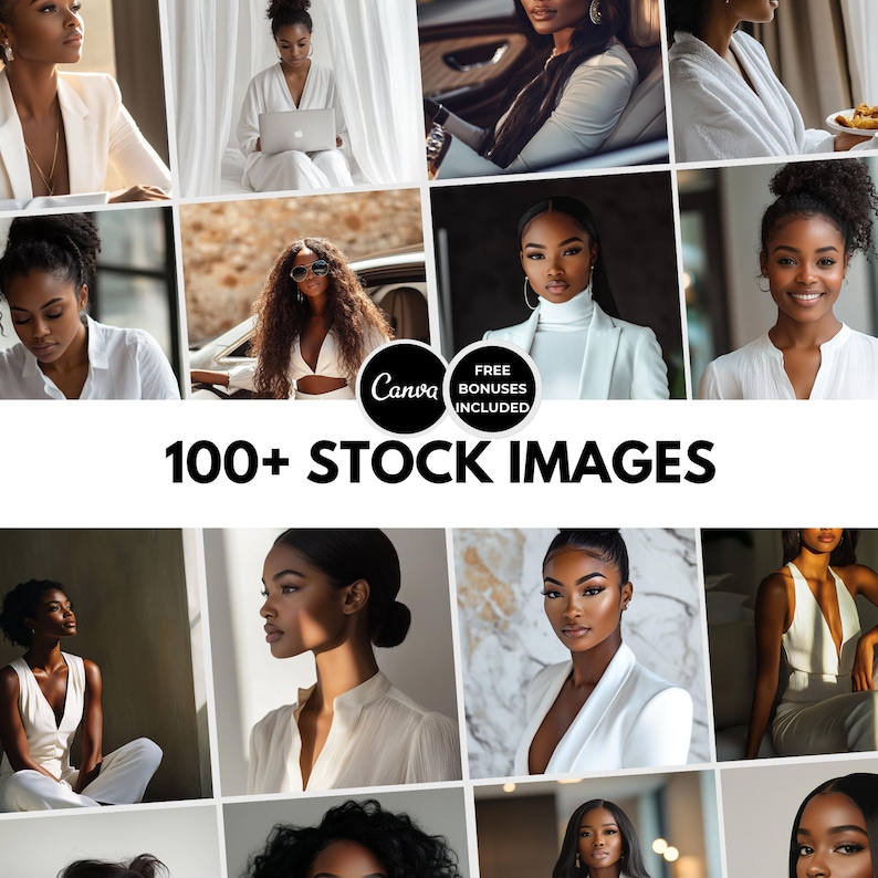 Melanin girl boss stock photos featuring AI Black women entrepreneurs styled in luxury. This Canva and Google Drive downloadable bundle includes high resolution images perfect for digital marketing, Instagram content, branding kits, coaches, content creators, and women owned businesses. Empowering melanin business women visuals for websites, social media posts, reels covers, sales pages, and online shops. Feminine boss babe aesthetic, professional, confident, and inspiring brand imagery.