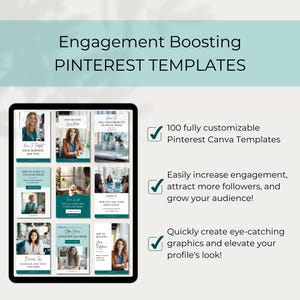 May include: A digital screen displaying a collection of 100 customizable Pinterest Canva templates. The templates feature a green and white color scheme and include text such as "How to Profit Your Morning Routine" and "How to Land Your First Client".
