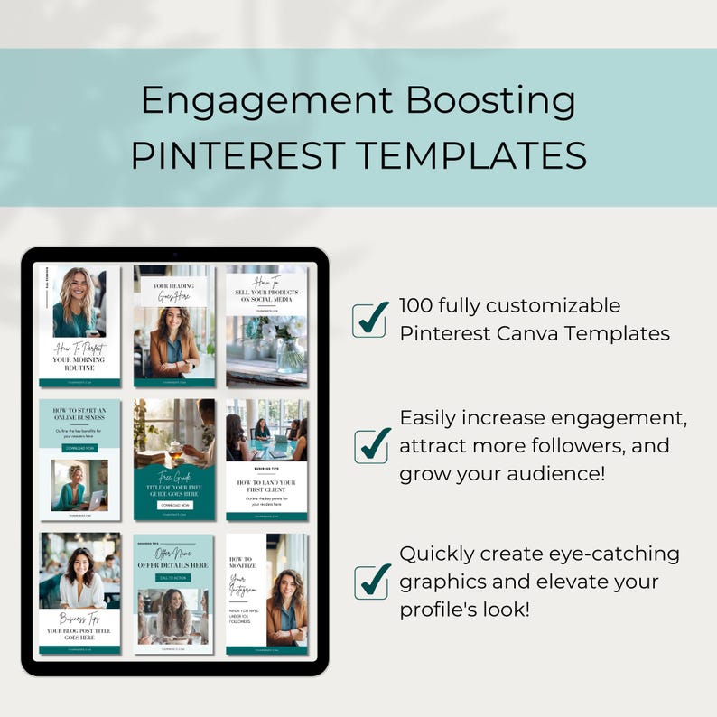 May include: A digital screen displaying a collection of 100 customizable Pinterest Canva templates. The templates feature a green and white color scheme and include text such as "How to Profit Your Morning Routine" and "How to Land Your First Client".