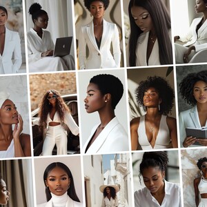 Pode incluir: Uma colagem de imagens com mulheres de cor vestindo roupas brancas. As imagens mostram diferentes estilos e poses, incluindo uma mulher com um blazer branco, uma mulher com um vestido branco e uma mulher com um macac&atilde;o branco.
