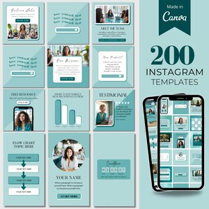 Puede incluir: Una colección de 200 plantillas de Instagram en un esquema de color verde azulado y blanco. Las plantillas presentan varios diseños para compartir información, promocionar productos e interactuar con los seguidores. El texto "200 plantillas de Instagram" se muestra en una fuente grande y en negrita.